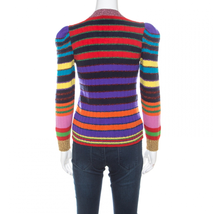 Pre Owned Gucci Multicolor Rainbow Striped Wool Blend Floral Applique Pearl Button Cardigan XS