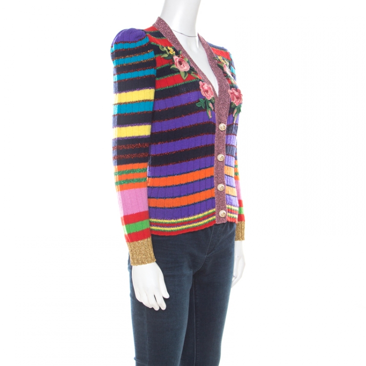 Gucci Multicolor Rainbow Striped Wool Blend Floral Applique Pearl Button  Cardigan XS Gucci | TLC
