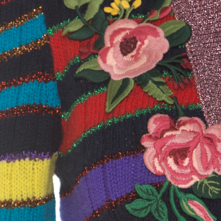 Pre Owned Gucci Multicolor Rainbow Striped Wool Blend Floral Applique Pearl Button Cardigan XS