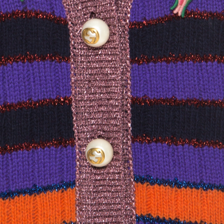 Pre Owned Gucci Multicolor Rainbow Striped Wool Blend Floral Applique Pearl Button Cardigan XS