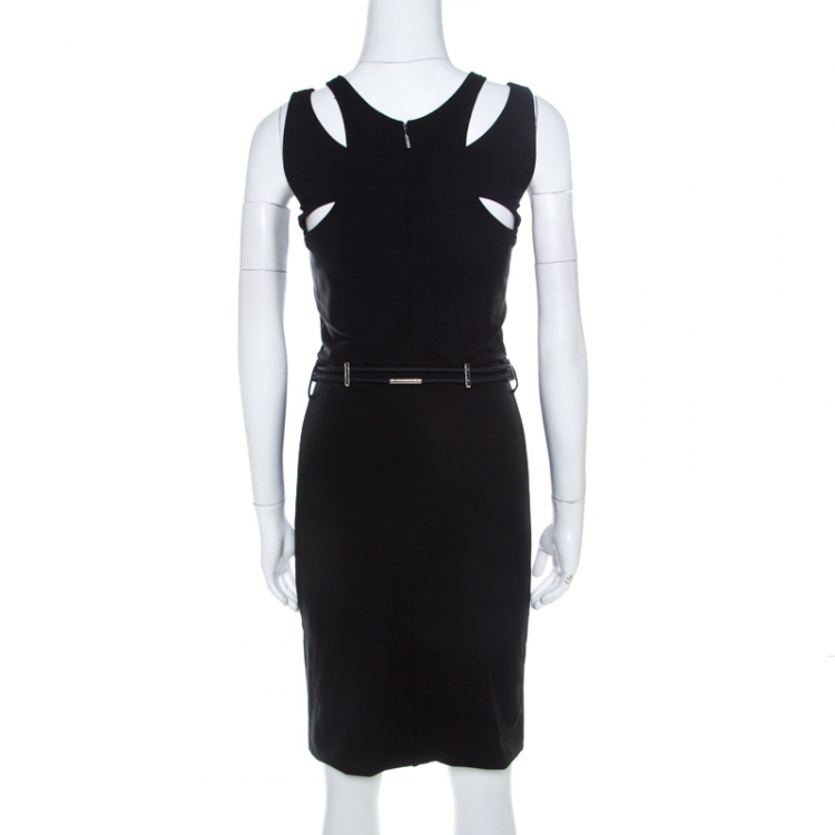 Pre Owned Gucci Black Cut Out Detail Belted Sheath Dress S