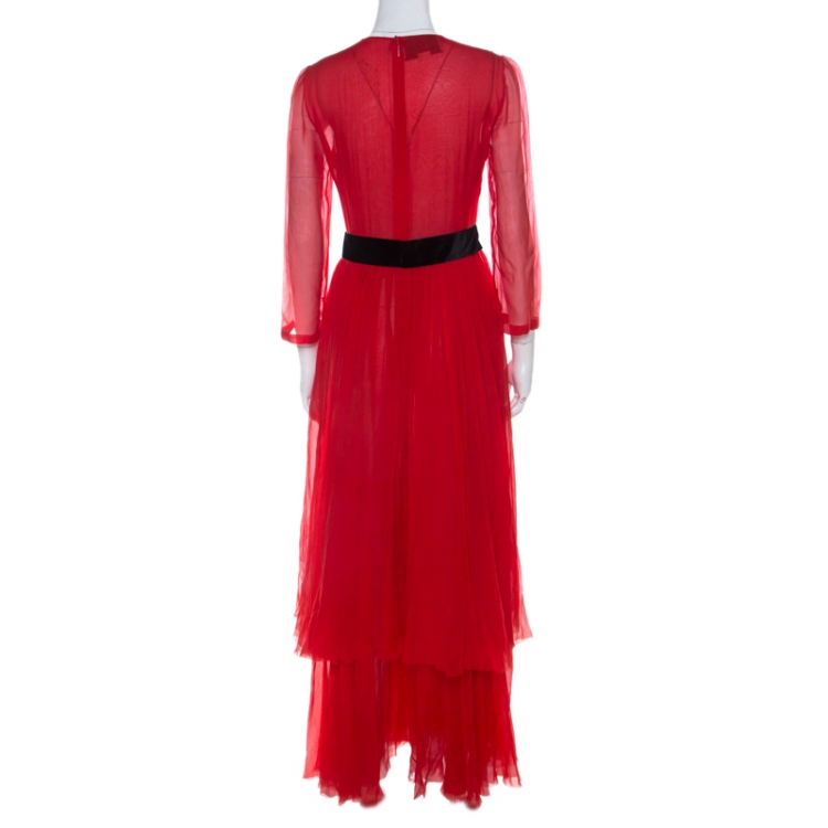 Pre Owned Gucci Red Silk Chiffon Embellished Belt Detail Long Sleeve Cocktail Dress M 