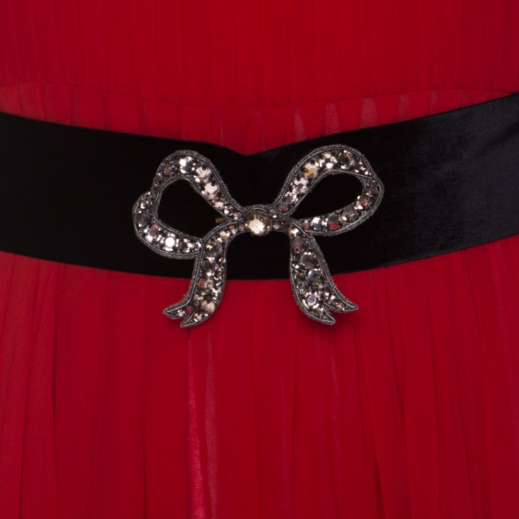 Pre Owned Gucci Red Silk Chiffon Embellished Belt Detail Long Sleeve Cocktail Dress M 