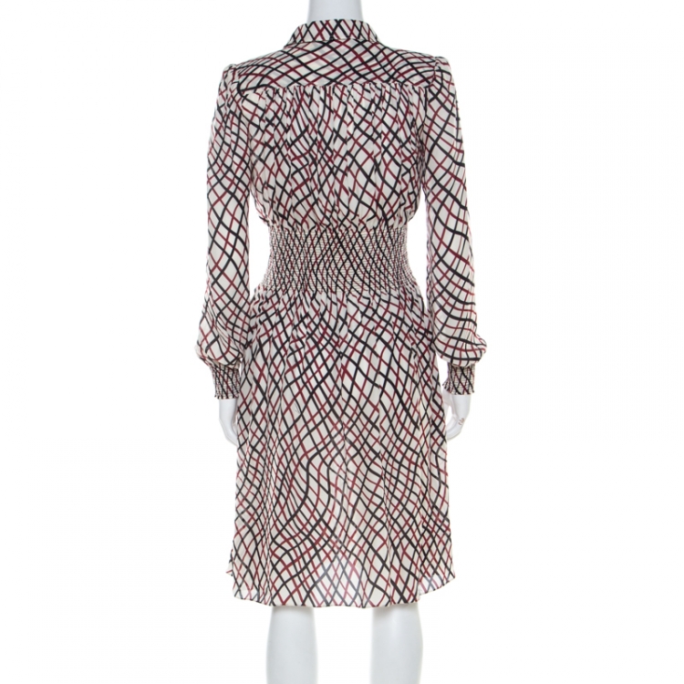 Pre Owned Gucci Multicolor Plaid Print Silk Smocked Waist Long Sleeve Dress S