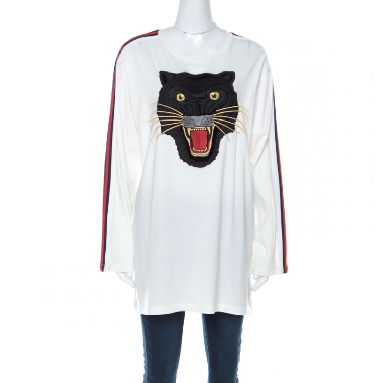 Gucci Ivory White Panther Embroidery Full Sleeve Oversized T 