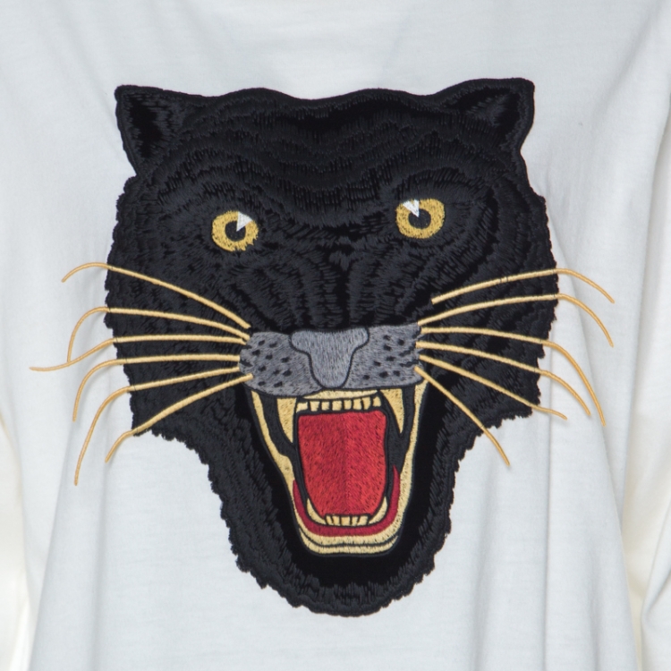 Pre Owned Gucci Ivory White Panther Embroidery Full Sleeve Oversized T- Shirt XS