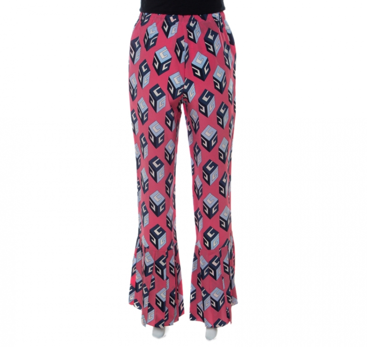 Pre Owned Gucci Pink Cube Print Silk Pleated Flare Hem Trousers S
