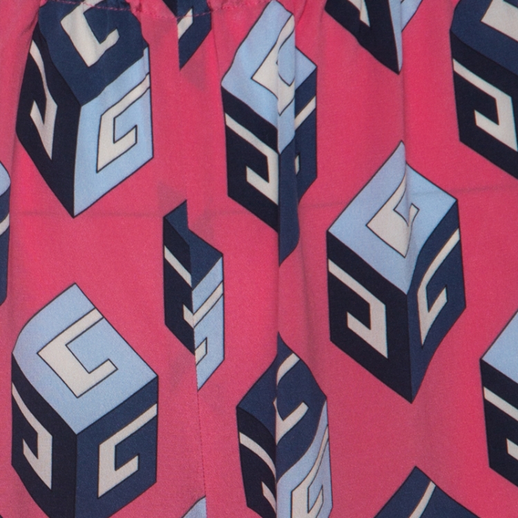 Pre Owned Gucci Pink Cube Print Silk Pleated Flare Hem Trousers S