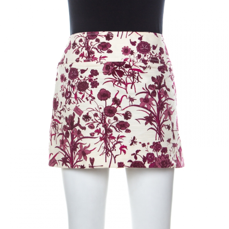Pre Owned Gucci Beige and Purple Floral Print Cotton Pleated Mini Skirt M