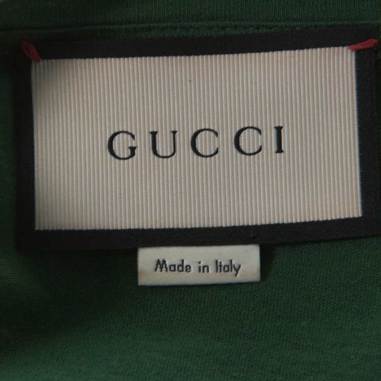 Pre Owned Gucci Off White and Green Cotton Snake Stud Detail Embroidered T-Shirt L