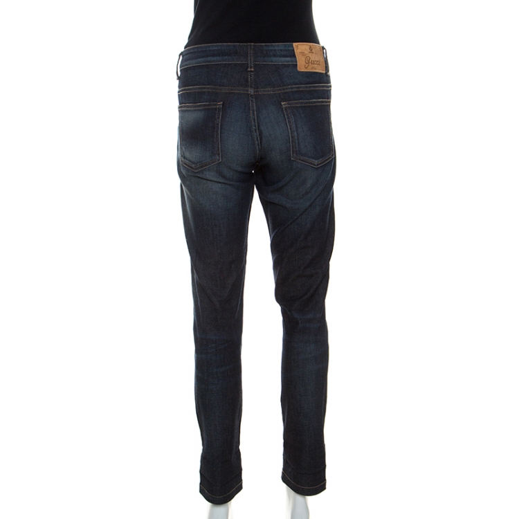 Pre Owned Gucci Blue Dark Wash Denim Chain Detail Straight Fit New Leggings Jeans S