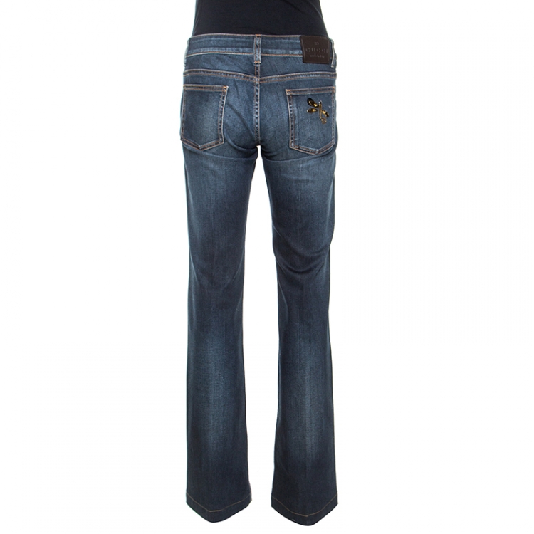 Pre Owned Gucci Blue Embellished Denim Straight Fit Jeans M