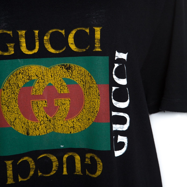 Pre Owned Gucci Black Washed Out Logo Cotton Oversized T-shirt M