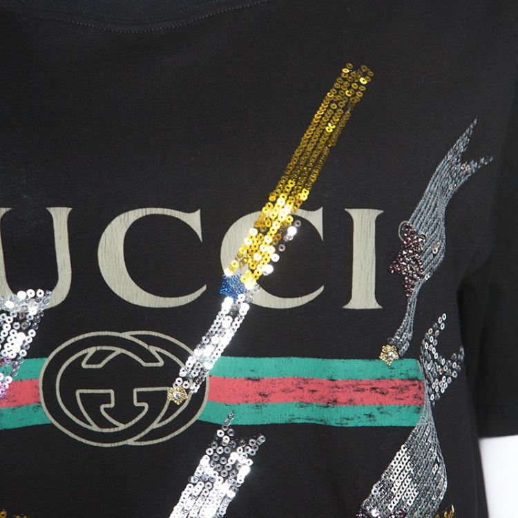 Pre Owned Gucci Black Logo Printed Cotton Embellished Detail T-shirt S