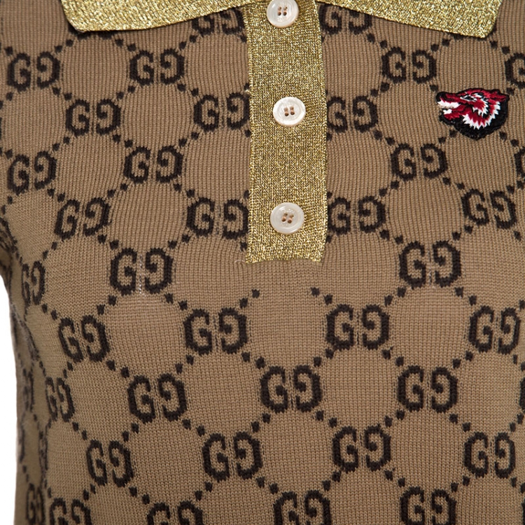 Pre Owned Gucci Beige Monogram Pattern Metallic Knit Collar Sweater S