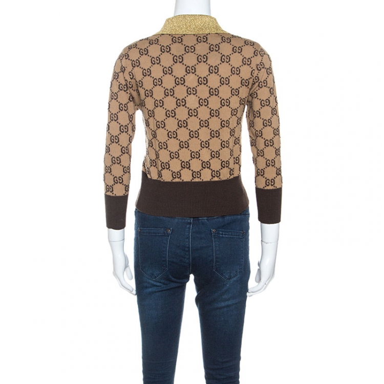 Pre Owned Gucci Beige Monogram Pattern Metallic Knit Collar Sweater S