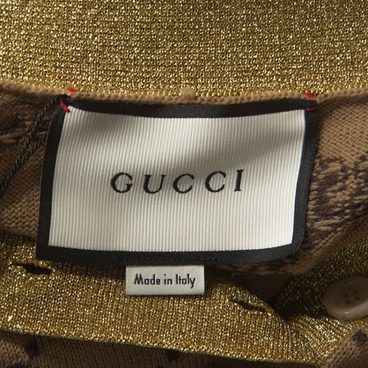 Pre Owned Gucci Beige Monogram Pattern Metallic Knit Collar Sweater S
