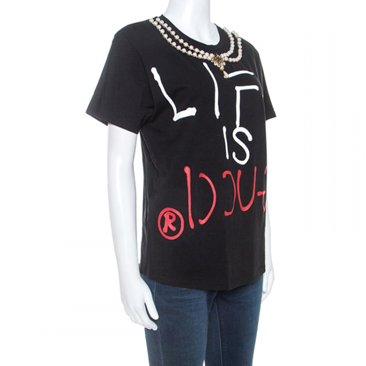 Gucci Black Printed Cotton Pearl Necklace Embellished T-Shirt Gucci |