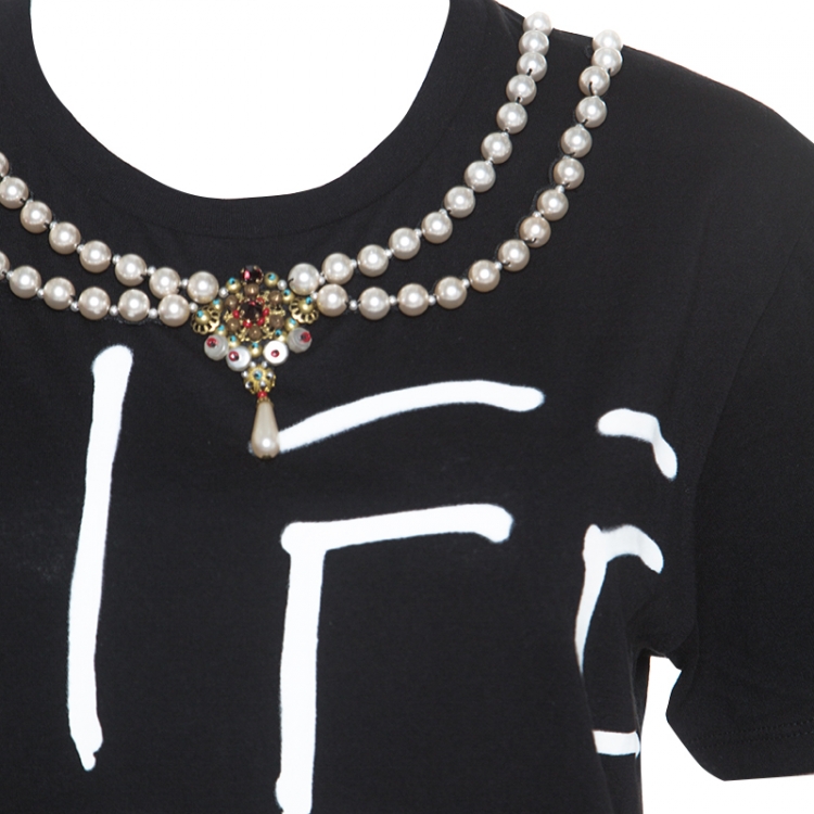 Pre Owned  Gucci Black Printed Cotton Pearl Necklace Embellished T-Shirt S