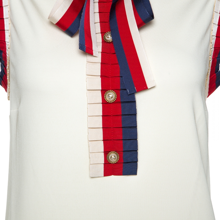 Pre Owned Gucci Cream Stretch Jersey Web Trim Detail Shift Dress L