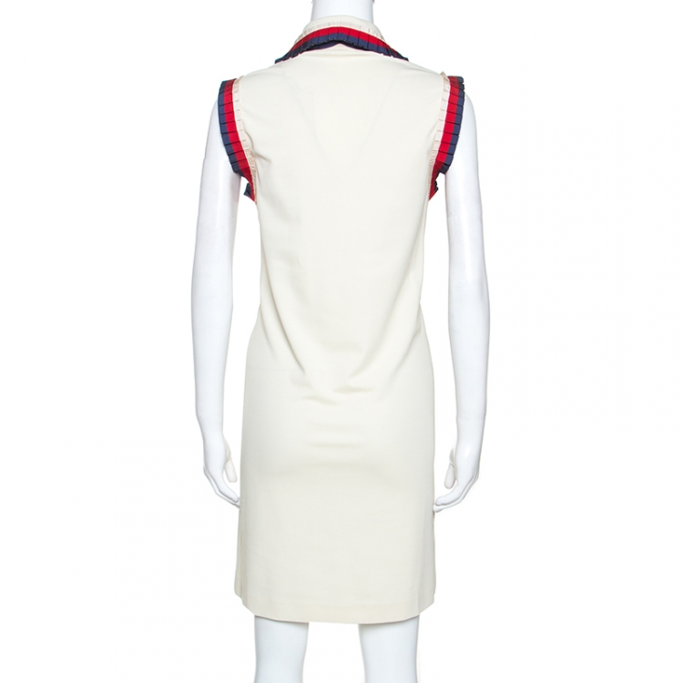 Pre Owned Gucci Cream Stretch Jersey Web Trim Detail Shift Dress L