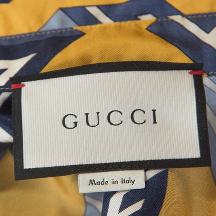 Pre Owned Gucci Yellow GG Wallpaper Printed Silk Bow Tie Detail Shirt M