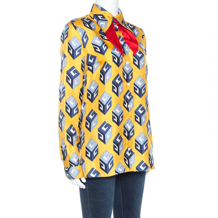 Pre Owned Gucci Yellow GG Wallpaper Printed Silk Bow Tie Detail Shirt M
