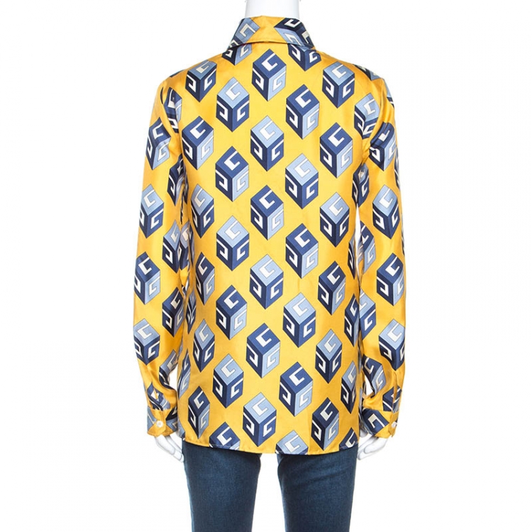 Pre Owned Gucci Yellow GG Wallpaper Printed Silk Bow Tie Detail Shirt M