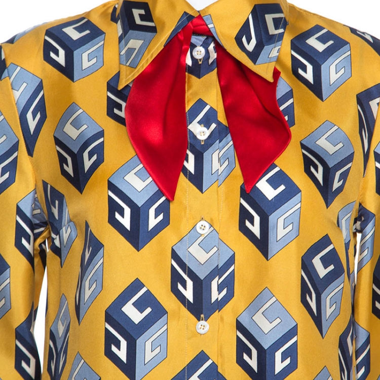 Pre Owned Gucci Yellow GG Wallpaper Printed Silk Bow Tie Detail Shirt M