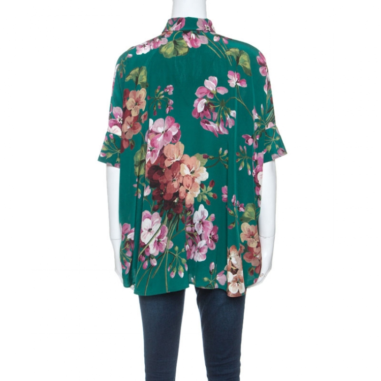 Pre Owned Gucci Green Floral Printed Silk Neck Tie Detail Shirt S