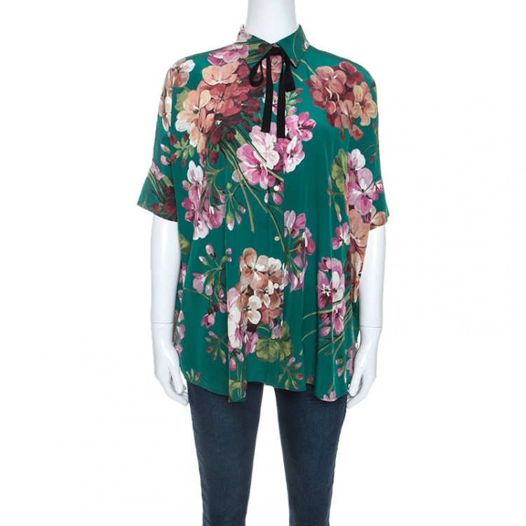 Gucci Green Floral Printed Silk Neck Detail Shirt S Gucci | TLC