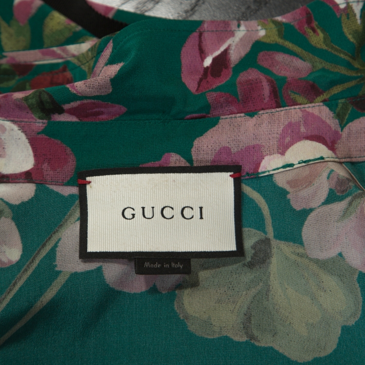 Pre Owned Gucci Green Floral Printed Silk Neck Tie Detail Shirt S