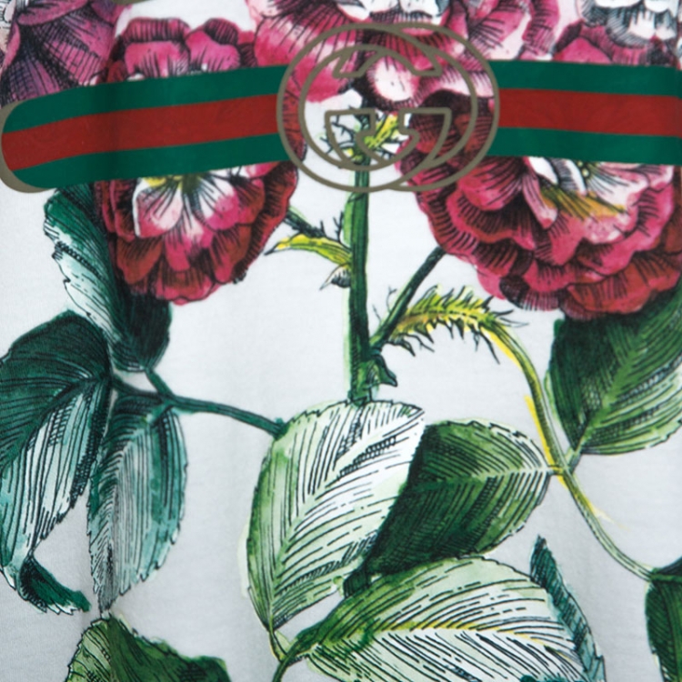 Pre Owned Gucci White Floral Logo Printed Cotton T-Shirt L