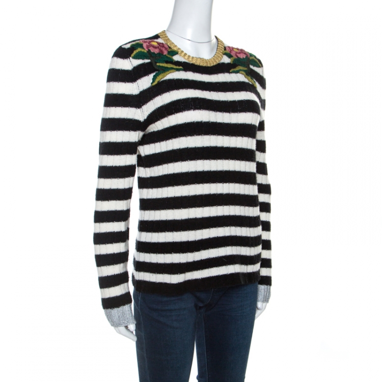 Pre Owned Gucci Monochrome Striped Knit Floral Embroidered Applique Sweater M