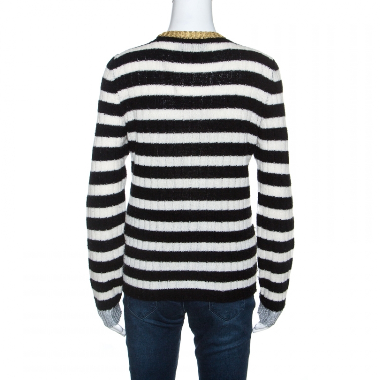 Pre Owned Gucci Monochrome Striped Knit Floral Embroidered Applique Sweater M