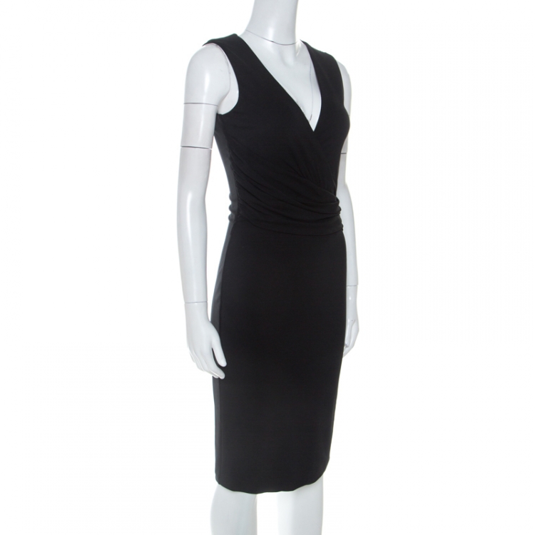 Pre Owned Gucci Black Crepe Ruched Detail V Neck Midi Dress S