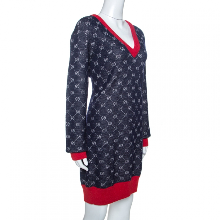 Gucci Bicolor Logo Patterned Knit Contrast Trim Sweater Dress S Gucci | TLC