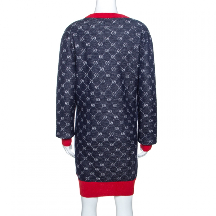 Pre Owned Gucci Bicolor Logo Patterned Knit Contrast Trim Sweater Dress S