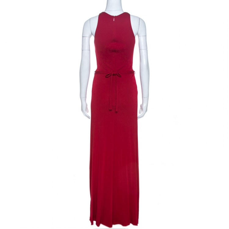 Pre Owned Gucci Scarlet Red Knit Belt Detail Sleeveless Maxi Dress M