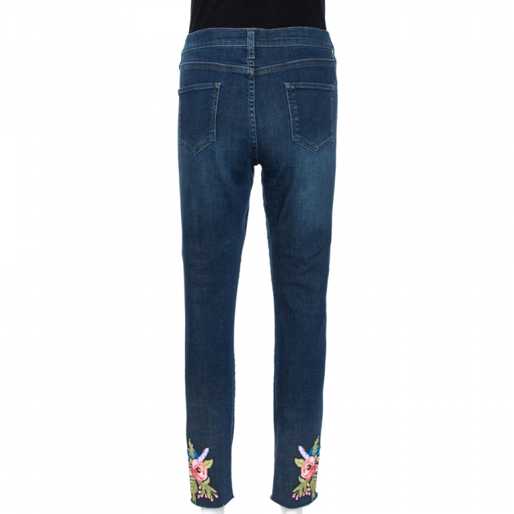 Pre Owned Gucci Indigo Floral Appliqued Denim Skinny Jeans L