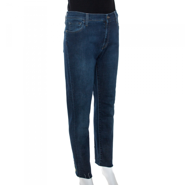 Pre Owned Gucci Indigo Floral Appliqued Denim Skinny Jeans L