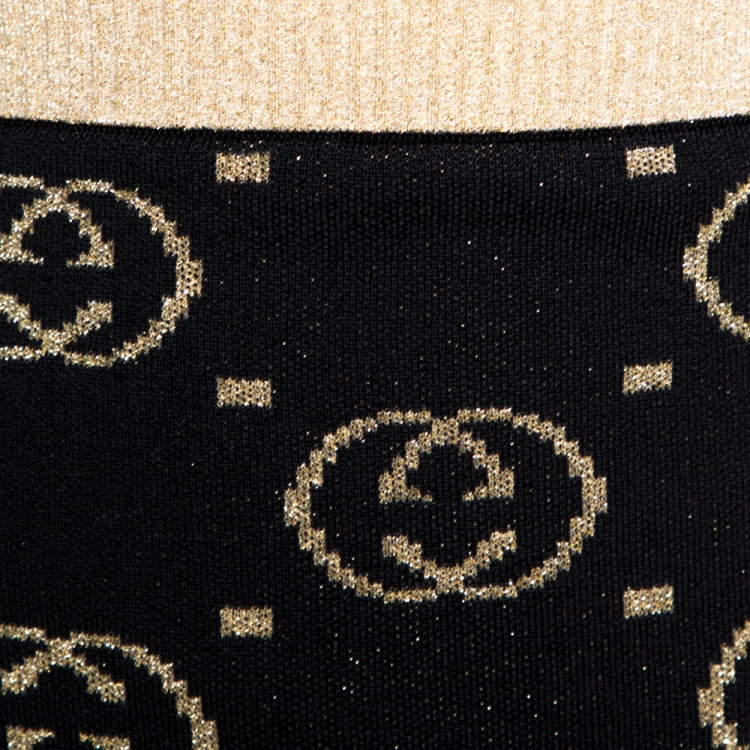 Pre Owned Gucci Black and Gold Wool Lurex Trim GG Logo Detail Skirt L