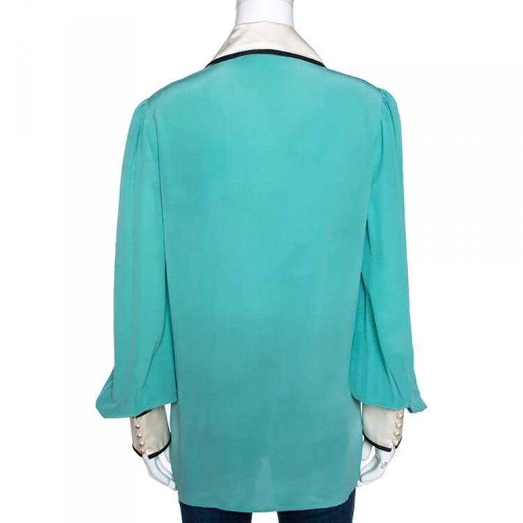 Pre Owned Gucci Jade Green Silk Bow Detail Long Sleeve Blouse M