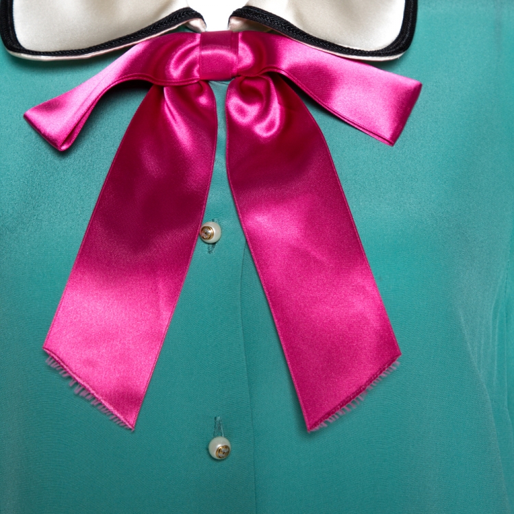 Pre Owned Gucci Jade Green Silk Bow Detail Long Sleeve Blouse M