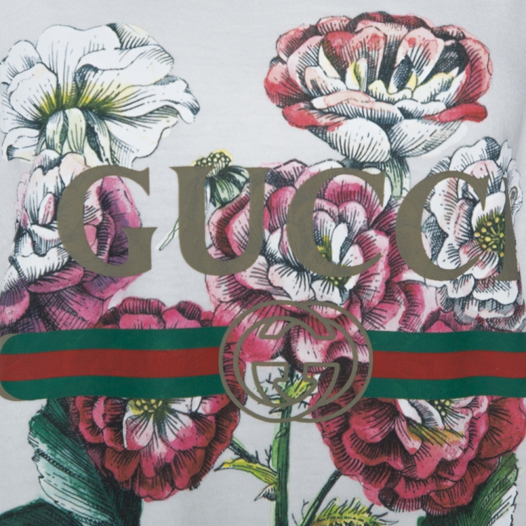 Pre Owned Gucci White Floral Logo Print Cotton Crew Neck T-Shirt L