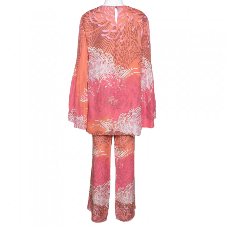 Pre Owned Gucci Peach Floral Print Silk Top and Pant Set L