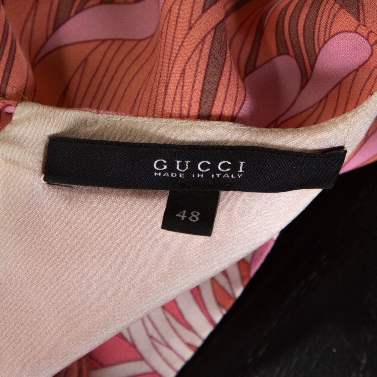 Pre Owned Gucci Peach Floral Print Silk Top and Pant Set L