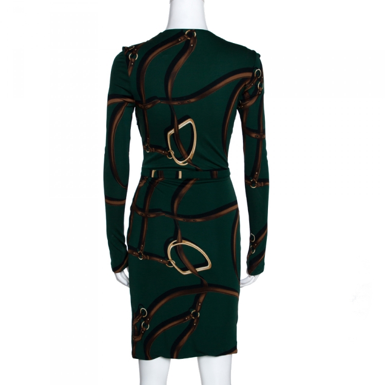 Pre Owned Gucci Dark Green Equestrian Printed Jersey Draped Long Sleeve Dress XS