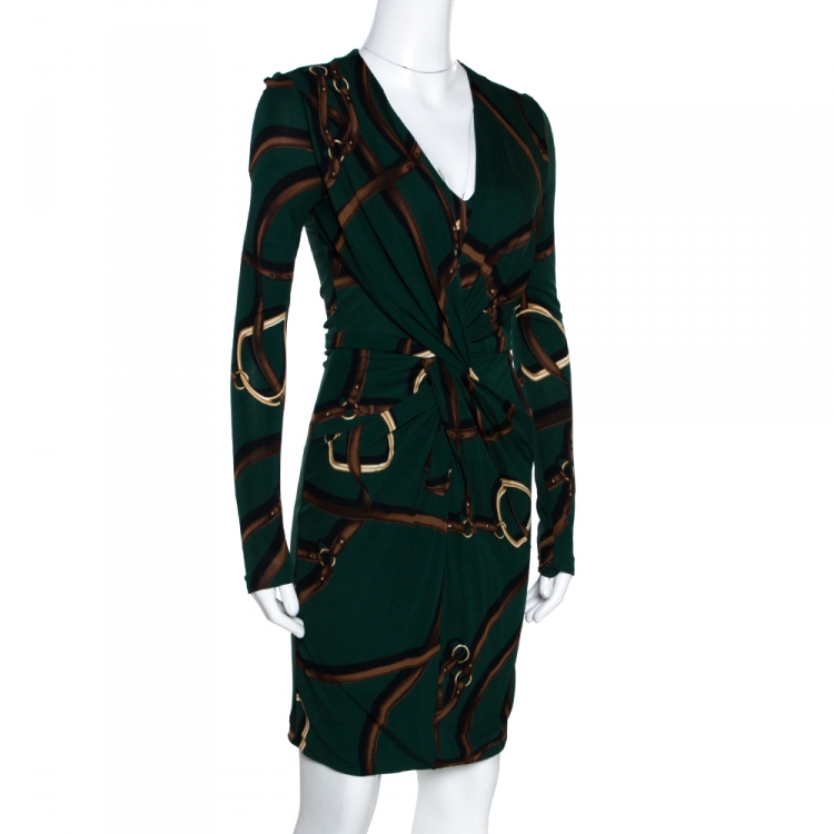 Pre Owned Gucci Dark Green Equestrian Printed Jersey Draped Long Sleeve Dress XS