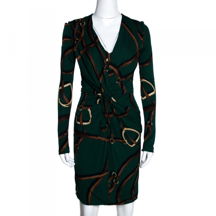 Pre Owned Gucci Dark Green Equestrian Printed Jersey Draped Long Sleeve Dress XS
